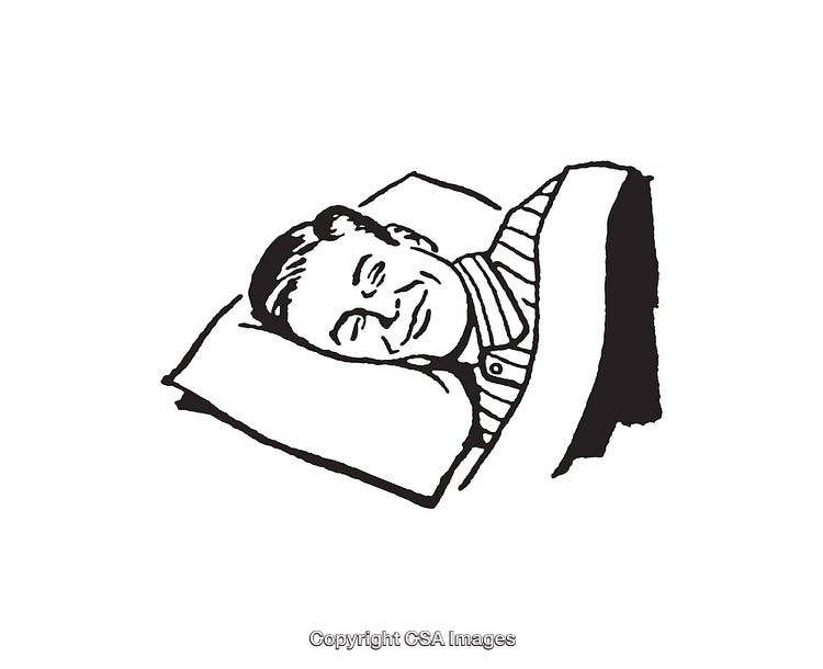 Black and White Drawing of a Smiling Man Sleeping in Bed