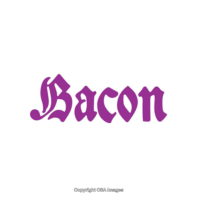 Purple Text in Gothic Font Spelling Bacon on White Background