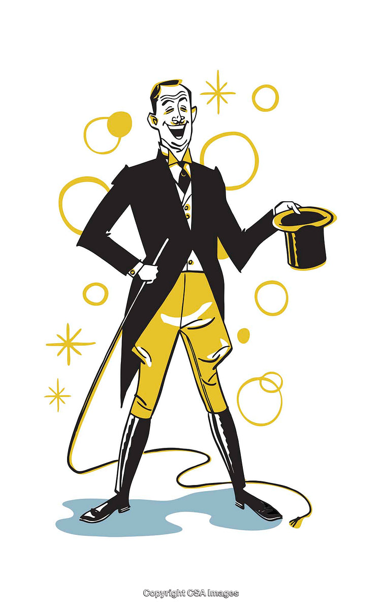 Stylized Illustration of a Cheerful Man in a Suit Holding a Top Hat