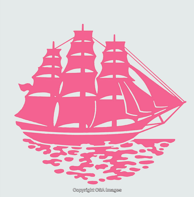 Pink Silhouette of a Sailing Ship with Reflections on Calm Water