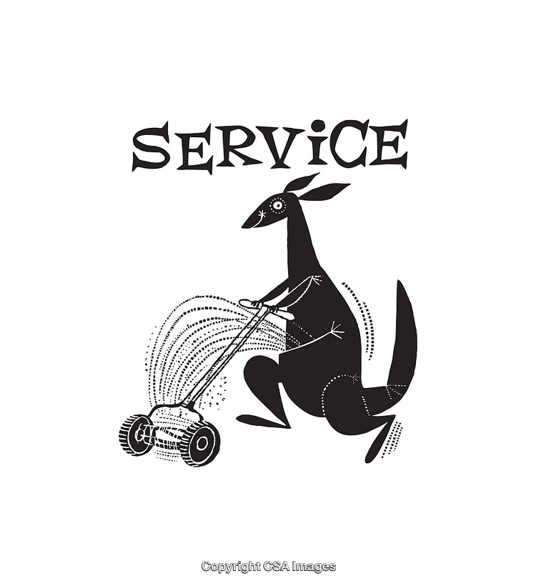 Kangaroo Using Lawn Mower in Black and White Style Art