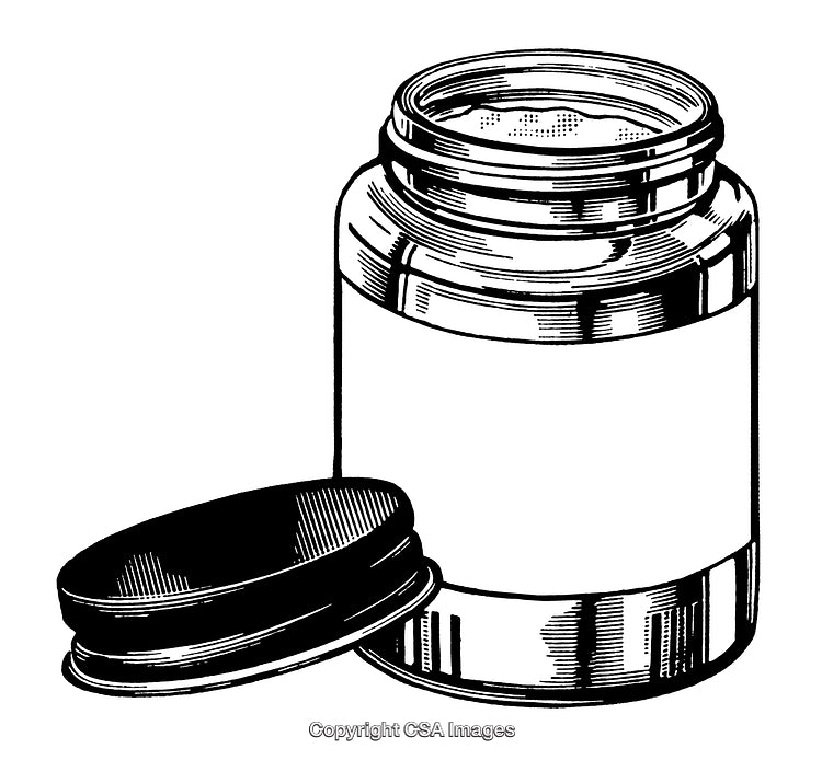 Black and White Engraving of a Jar with Open Lid
