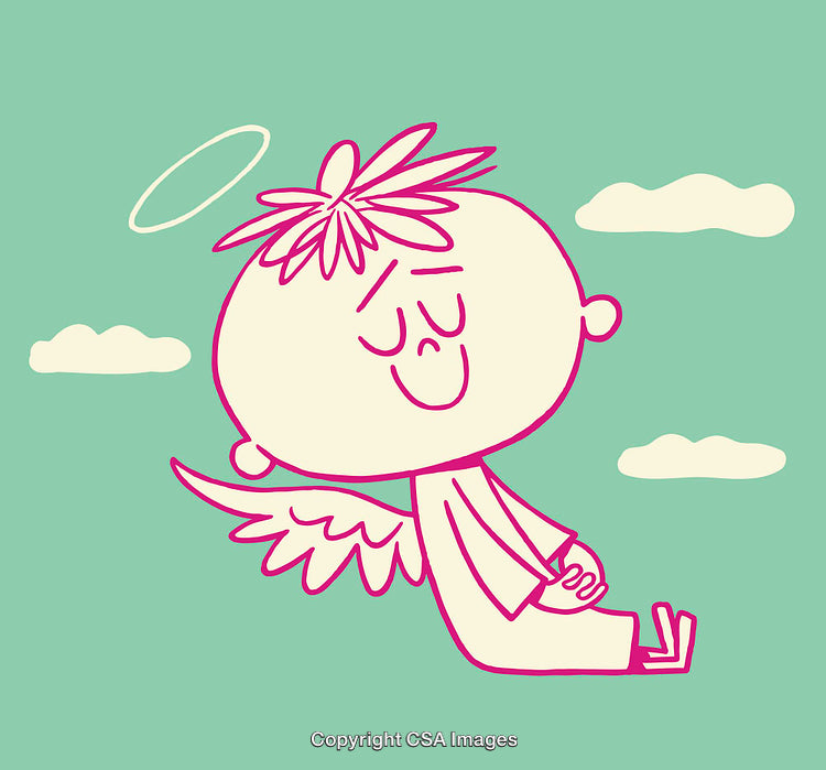 Whimsical Line Art Illustration of a Happy Flying Angel in the Sky