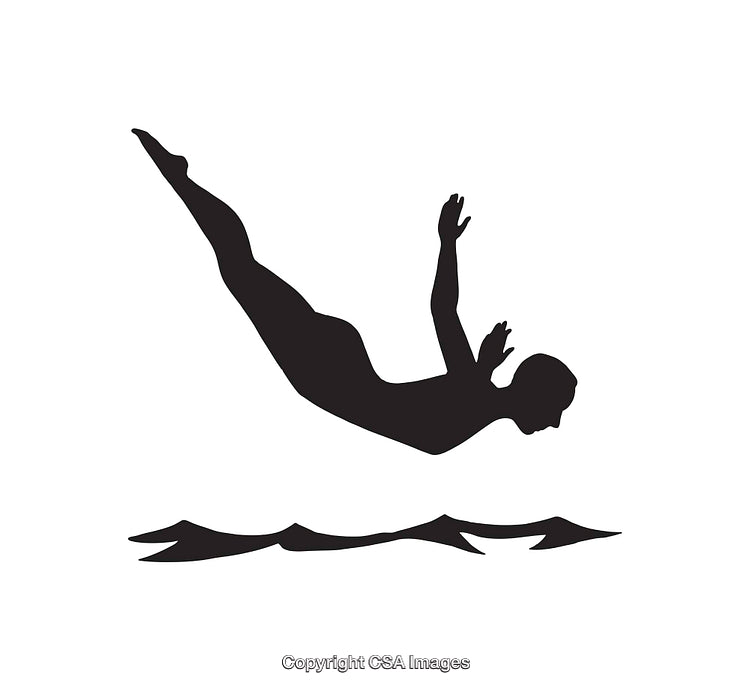 Silhouette of Diver Mid-Flight Over Stylized Waves in Black and White