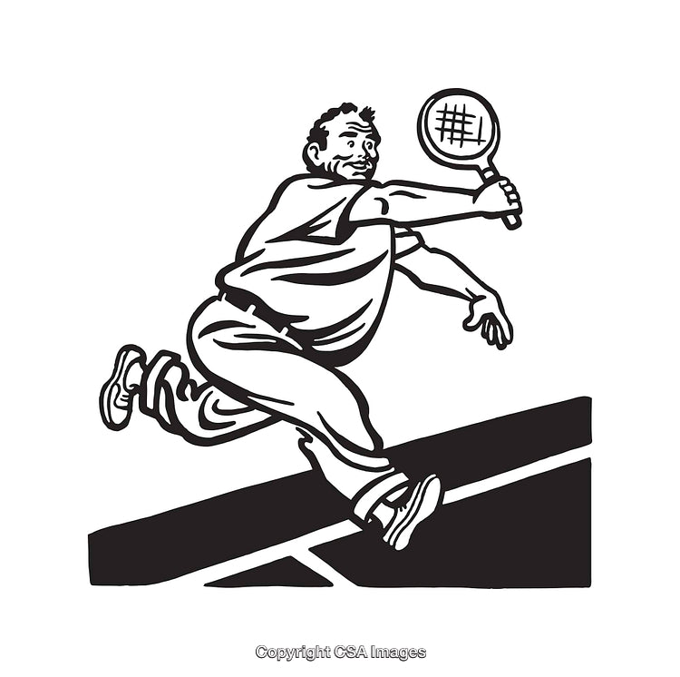 Black And White Line Art Of Man Jumping While Playing Tennis