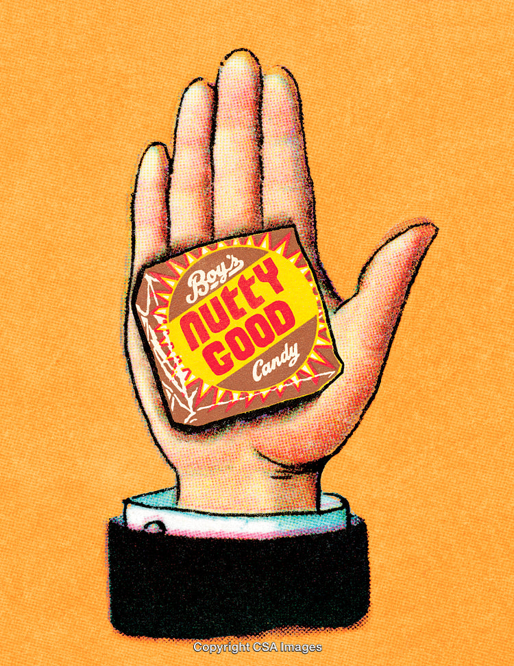 Retro Illustration of a Hand Displaying a Nutty Candy Wrapper