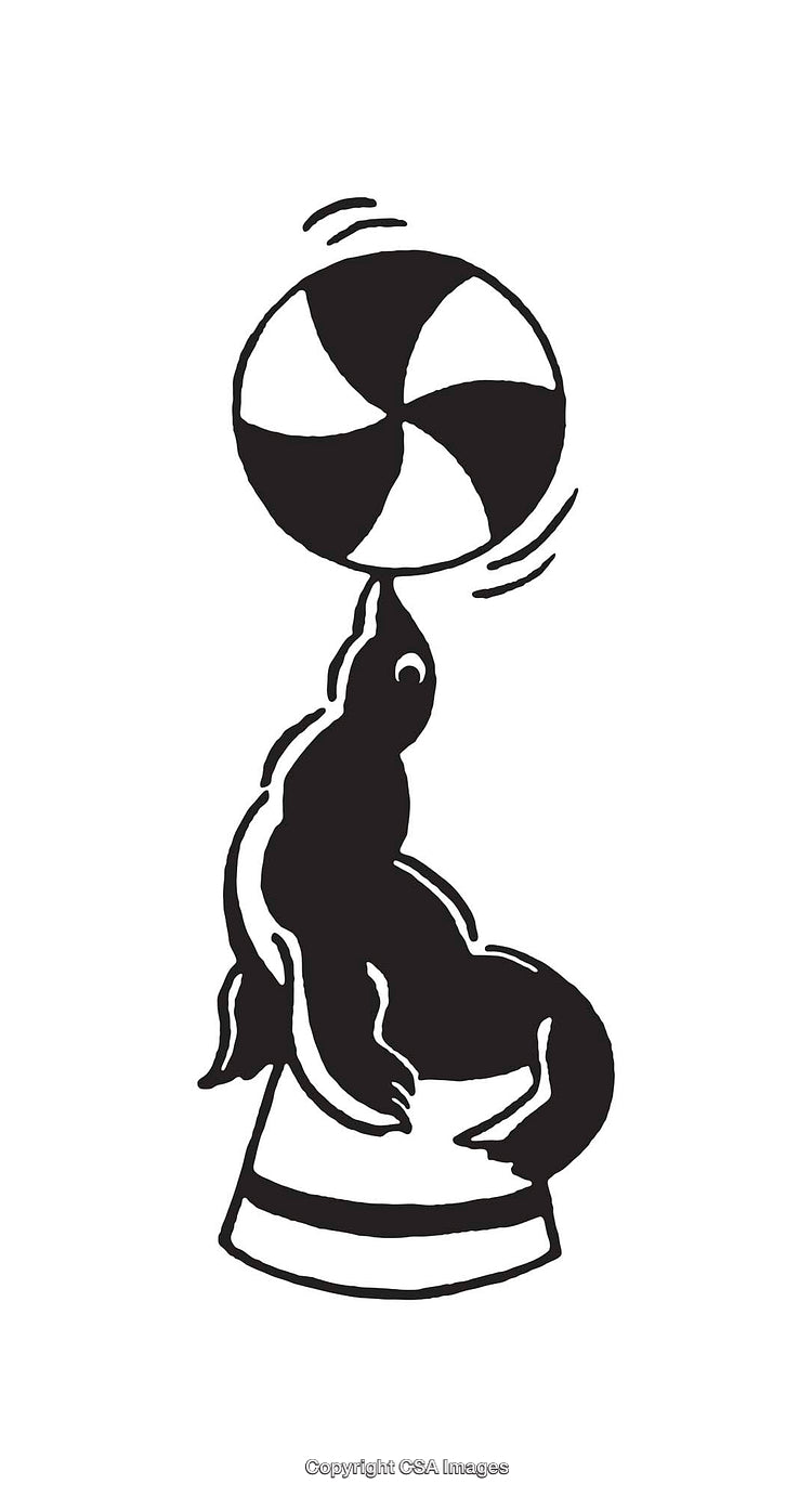 Black and White Illustration of a Performing Seal Balancing a Beach Ball