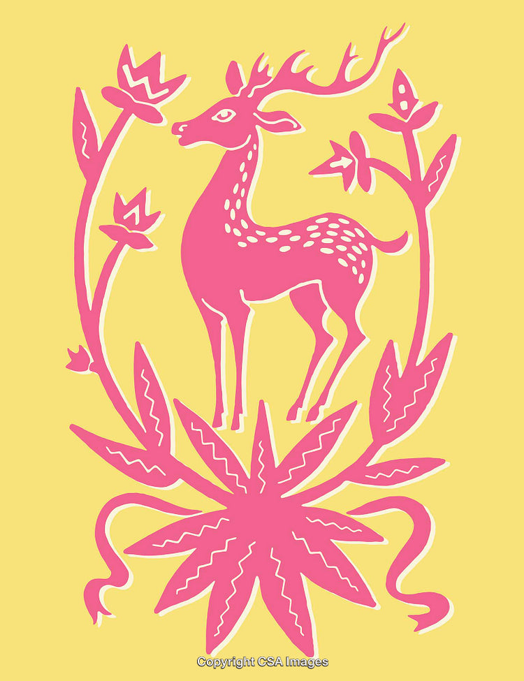 Decorative Pink Deer Illustration on a Yellow Background
