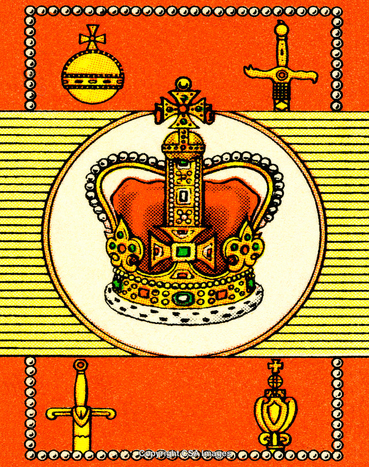 Vintage Decorative Illustration of a Regal Crown with Swords and Orb Design
