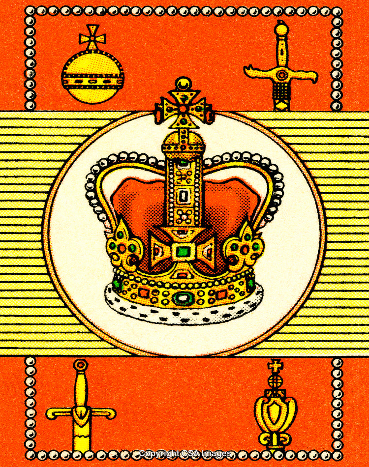 Vintage Decorative Illustration of a Regal Crown with Swords and Orb Design