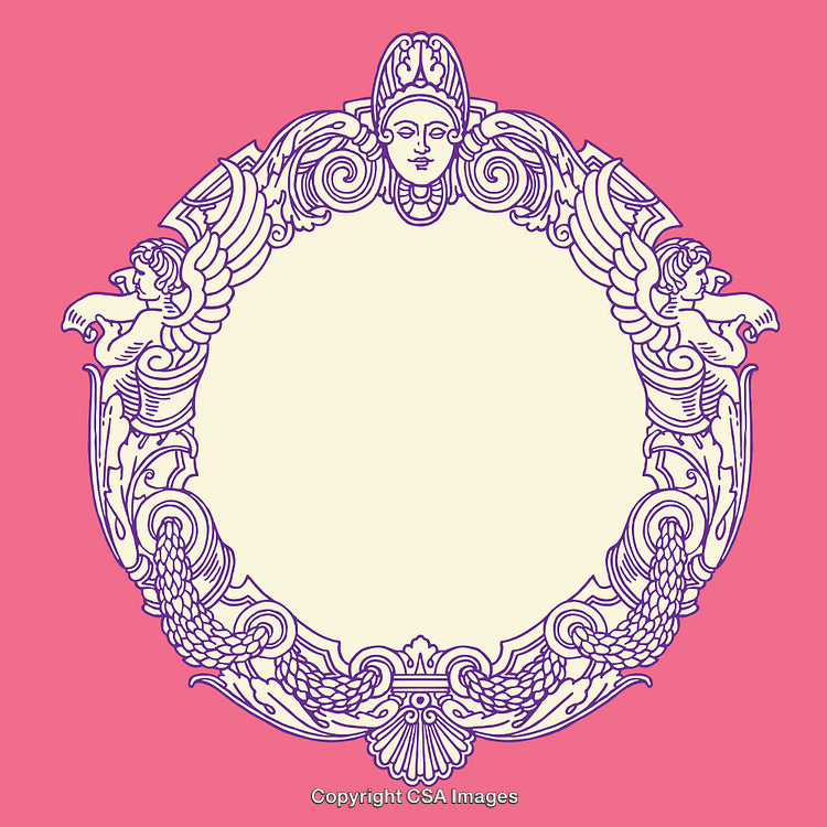 Elegant Decorative Frame with Ornate Mythical Design on Pink Background