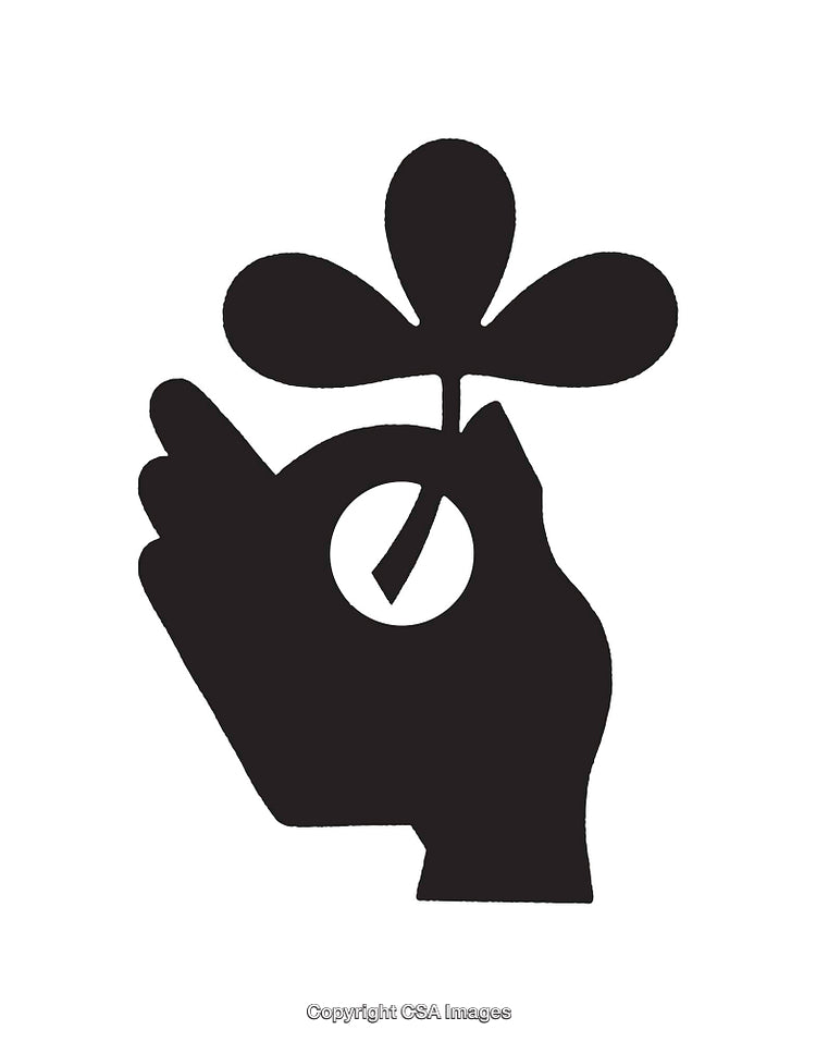 Black Illustrative Silhouette of Hand Holding a Three-Leaf Plant