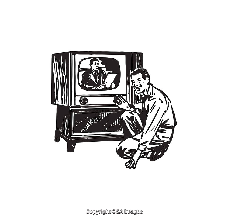 Retro Illustration of a Man Adjusting an Old Television Set