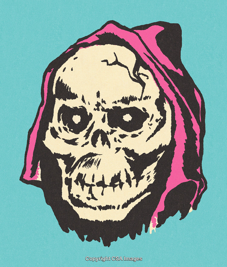 Vintage Skull Illustration with Bright Pink Hood and Bold Contrast
