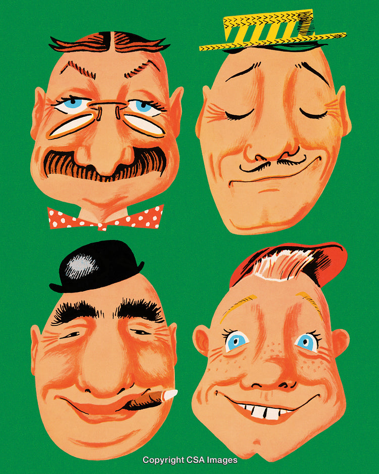Illustration of Four Cartoon Faces on a Colorful Green Background