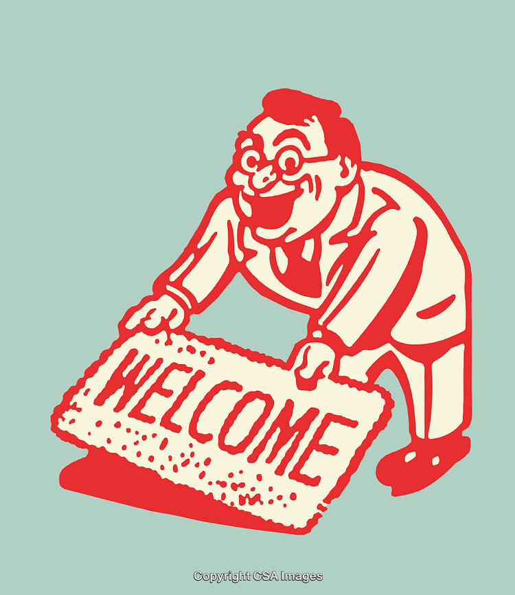 Retro Style Illustration Featuring Friendly Welcome Gesture with Doormat