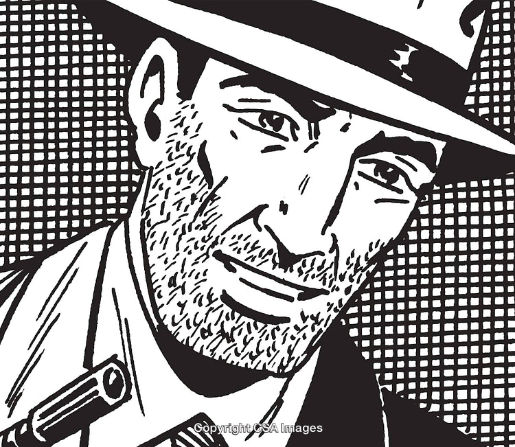 Vintage Noir Illustration of a Detective Holding a Gun in Black-and-White