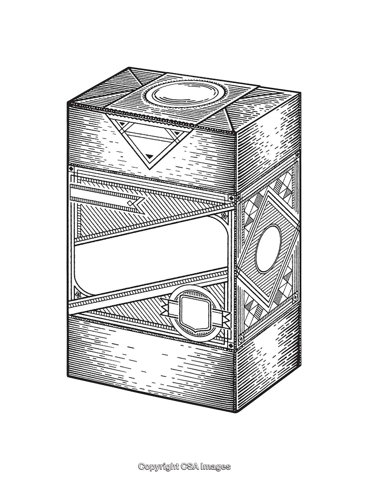 Detailed Black and White Line Art Box Illustration