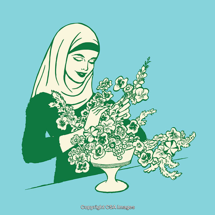 Color Line Art Illustration of Woman Arranging Flowers in a Vase