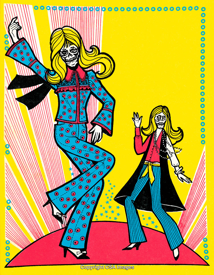 Colorful Pop Art Inspired Illustration of Dancing Figures with Vibrant Patterns