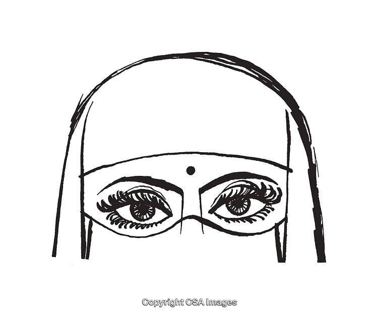 Intricate Black and White Line Art Illustration of Mysterious Eyes and Veil
