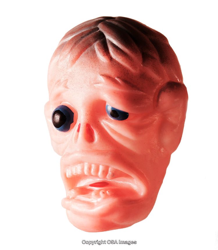Close-Up of a Unique Grotesque Toy Head on White Background