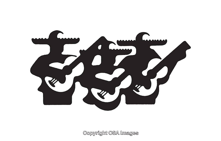 Silhouette Illustration Featuring Three Musicians Playing Guitars with Hats