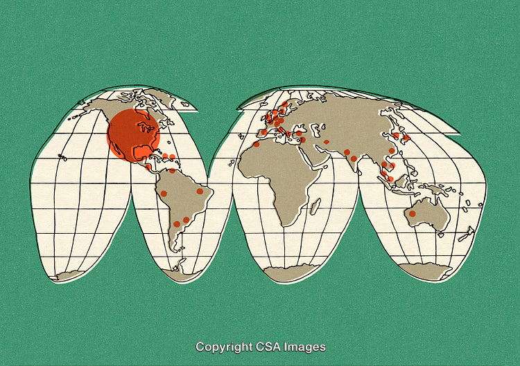 Vintage World Map Illustration Displaying Data Points on Mollweide Projection