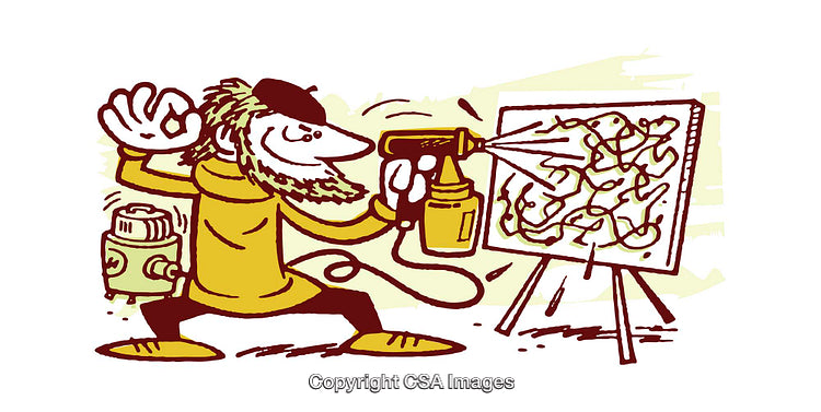 Playful Cartoon of Painter Creating Abstract Art Using Spray Gun