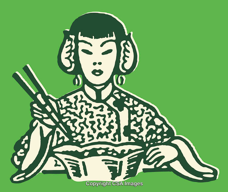 Stylized Artwork of a Woman Eating Noodles With Chopsticks