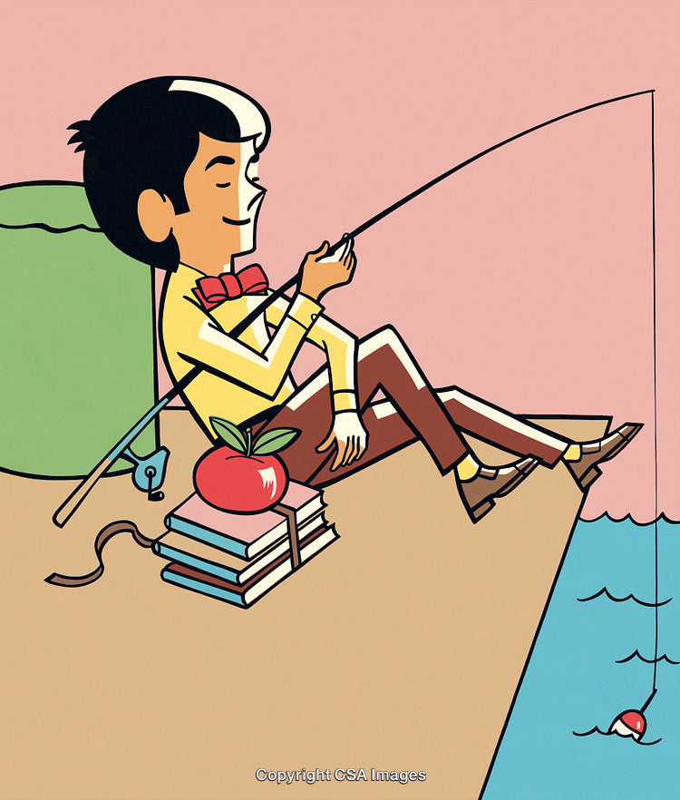 Cartoon Boy Fishing on Dock with Books and Apple Nearby
