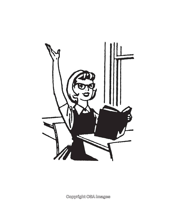 Vintage Line Art Illustration of a Student Participating in Class Discussion