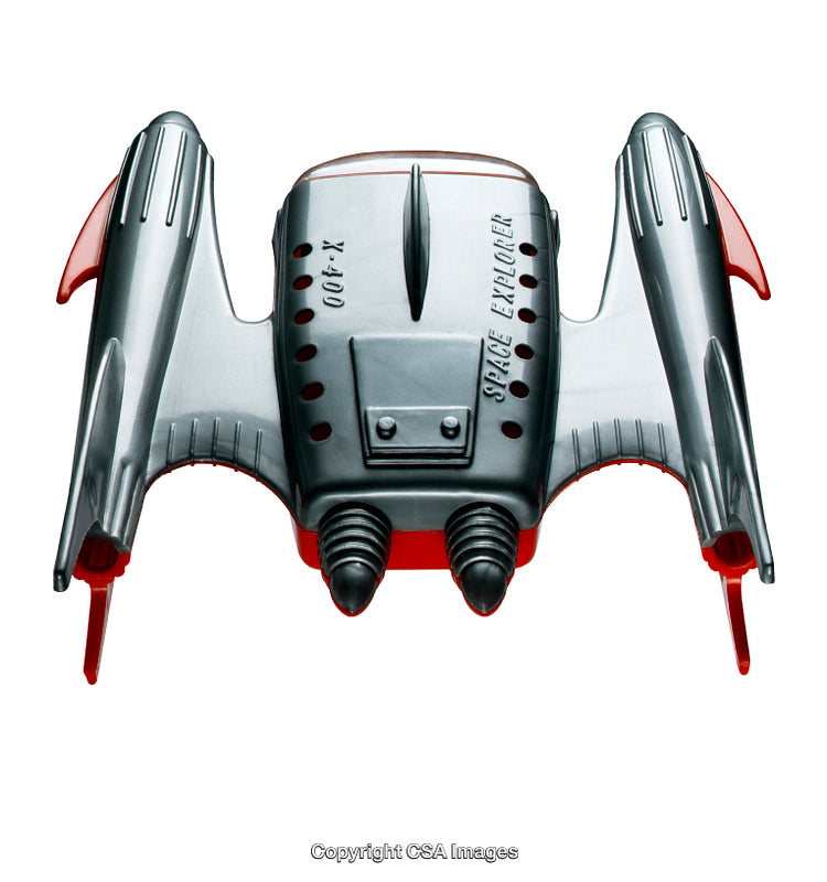 Retro Futuristic Plastic Spaceship Toy With Red and Silver Detailing