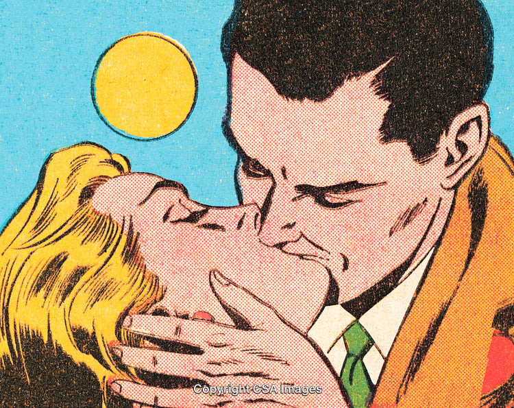 Pop Art Style Comic Illustration of a Romantic Couple Sharing a Kiss
