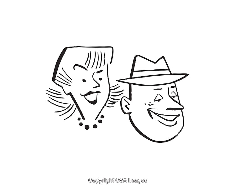 Black and White Line Art of Smiling Cartoon Faces of Man and Woman