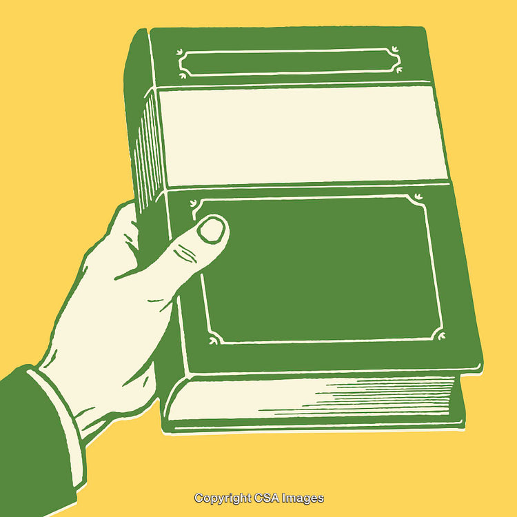 Illustration of a Hand Holding a Green Book on Yellow Background
