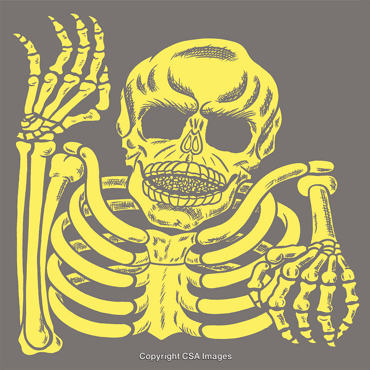 Yellow Skeleton Line Art Illustration on a Gray Background