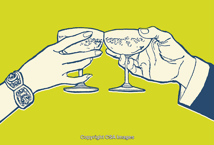 Hands Clinking Glasses in a Colorful Vintage Illustration