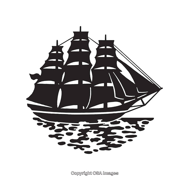 Black and White Line Art of a Classic Sailing Ship at Sea