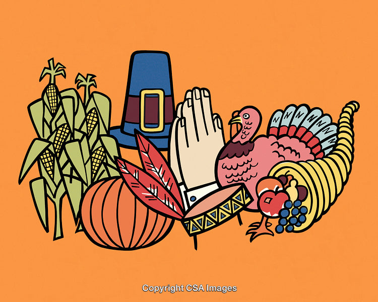 Thanksgiving Icons Including Turkey, Corn, Pumpkin, and Praying Hands