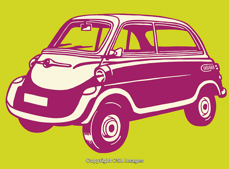 Retro Styled Compact Car Illustration in Vibrant Pink and Yellow Background