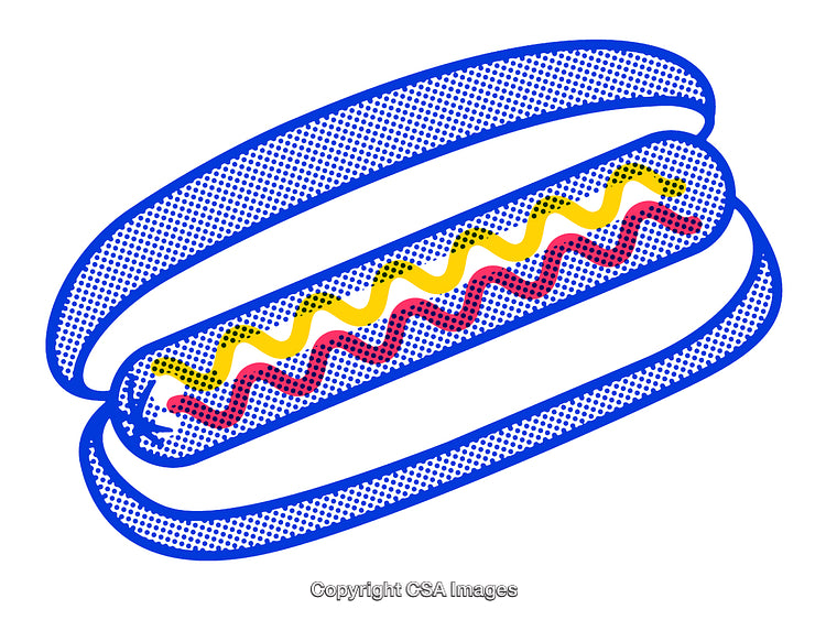 Vibrant Pop Art Hot Dog Illustration with Ketchup and Mustard