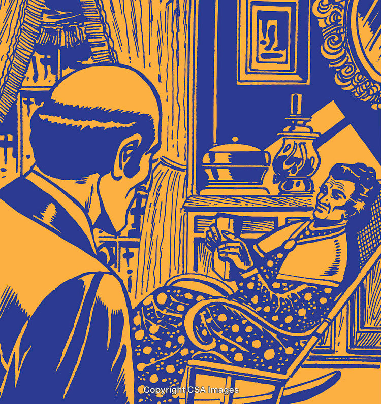 Vintage Illustration of Two Individuals Conversing in a Cozy Room Setting