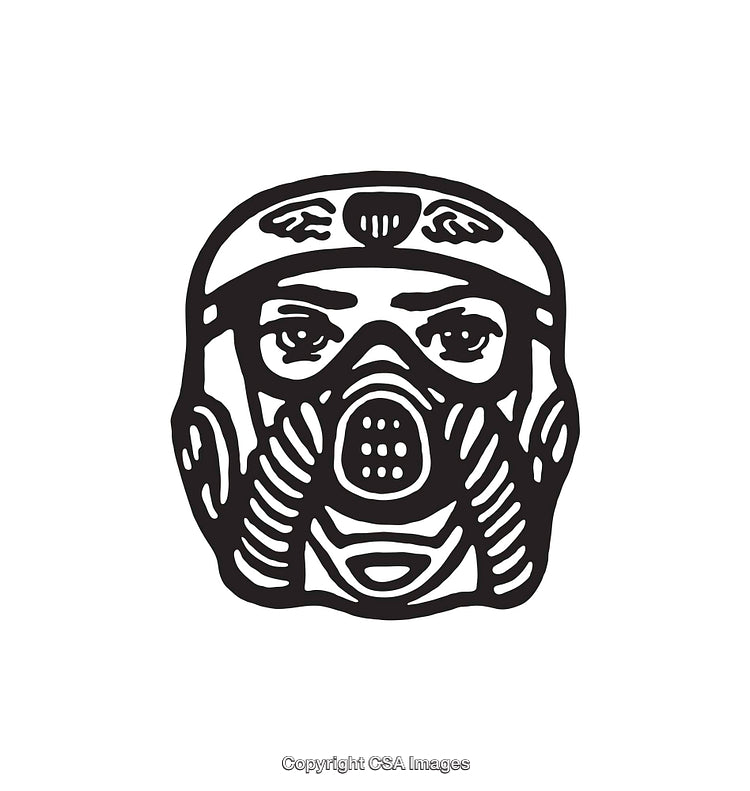 Black and White Line Art of a Masked Individual with Helmet Detail