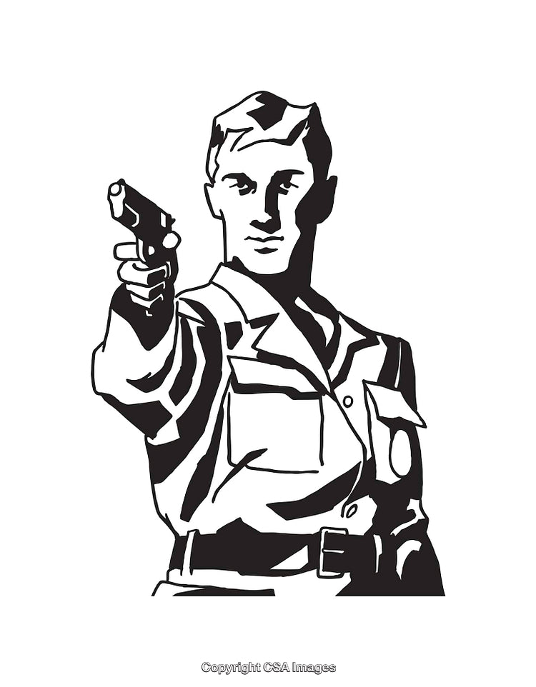Black and White Line Art Illustration of a Soldier Aiming a Handgun