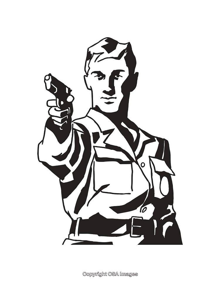 Black and White Line Art Illustration of a Soldier Aiming a Handgun