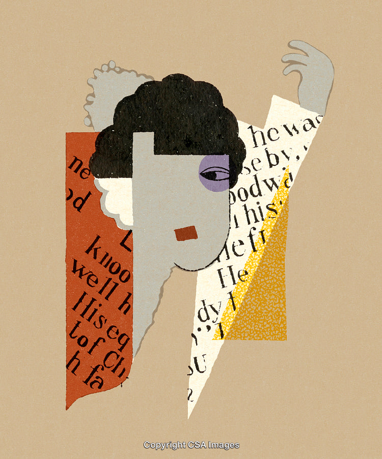 Abstract Geometric Collage Featuring a Stylized Portrait on a Neutral Background