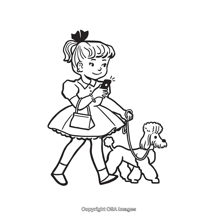 Black and White Line Art of Girl Walking Dog with Mobile Phone