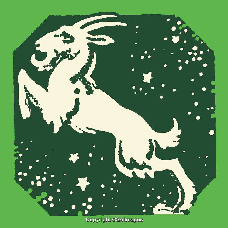Vintage Line Art Illustration of a Leaping Goat in Starry Background