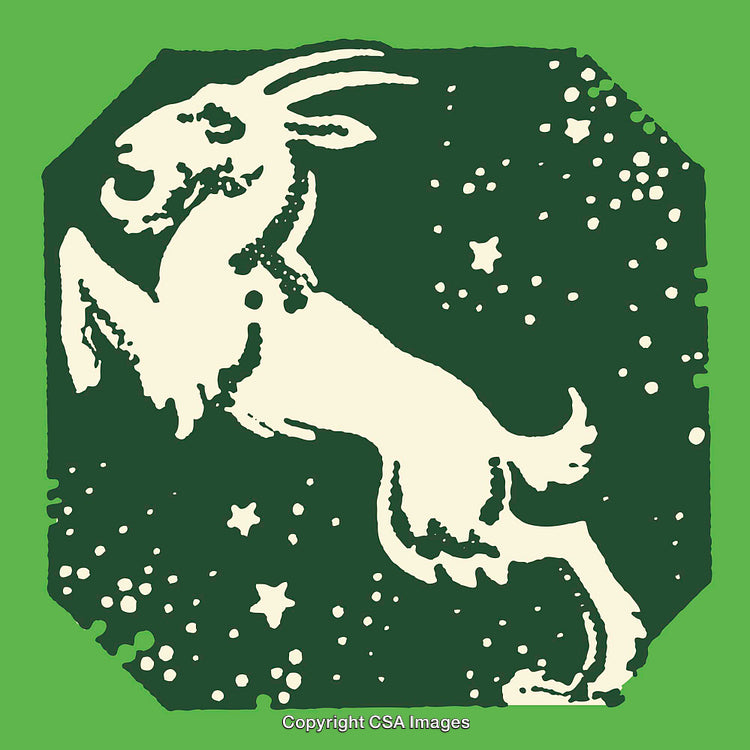 Vintage Line Art Illustration of a Leaping Goat in Starry Background